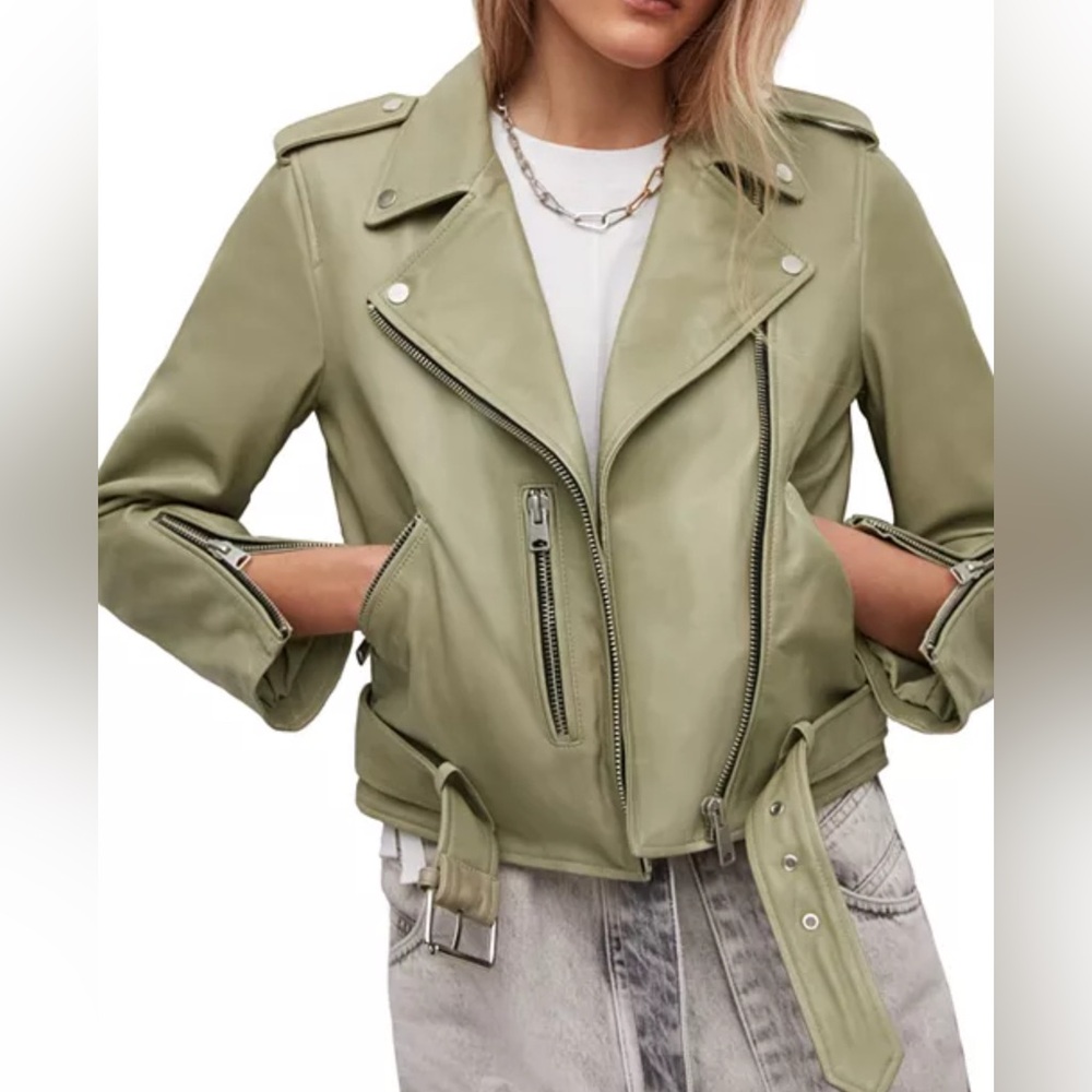 ALLSAINTS Balfern Leather Biker Jacket Size 2 In Green New - Picture 2 of 13